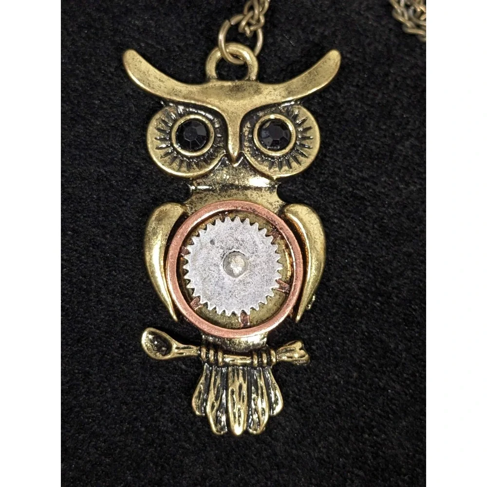 Steampunk‎ Owl Pendant Necklace Gold Tone Mixed Metal Gear 26